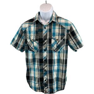 No Fear Mens Button Down Shirt Medium Casual Pockets Short Sleeve Cotton Flannel